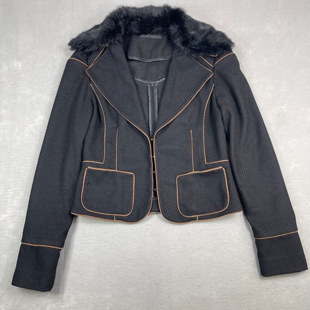 Sheri Bodell Jacket Womens Size S Y2K Cropped Fur Collar Jacket Black Tan Piping